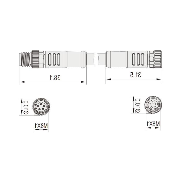 M8 5Pin, female straight turn male straight, double end precast PVC non-flexible cable, with shielding, gray sheathed, 63DB57-XXX